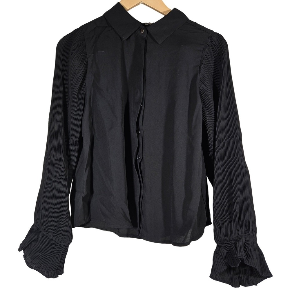 AREA STARS Black Pleated Sleeve Button Up Blouse Shirt Top Women's Medium M